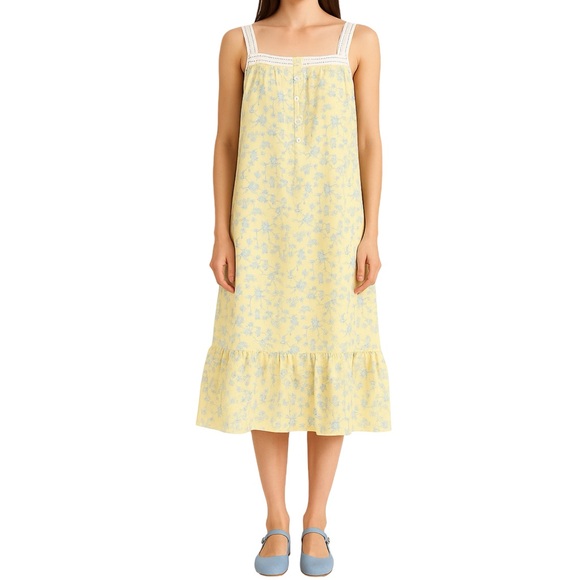 Vintage Other - Vintage Yellow Nighty / Night Gown Lace Tiered Hem White & Blue Floral Cottage